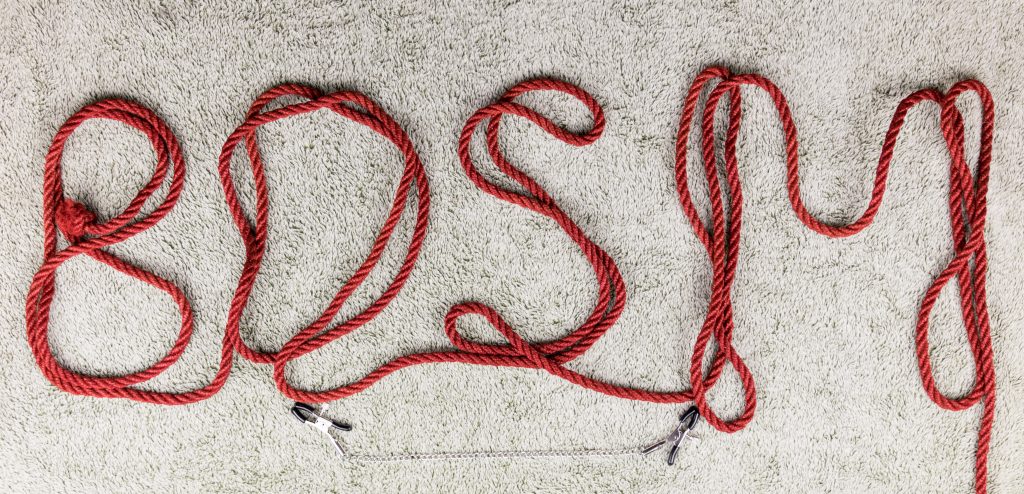 The letters "BDSM" spelled out with rope.