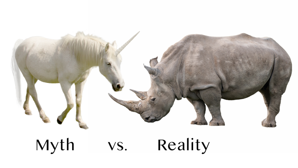 A unicorn labeled "myth" next to a rhino labeled "reality"